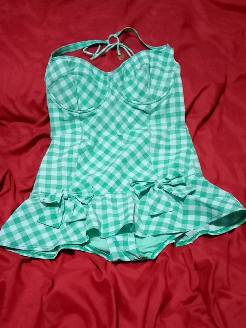 Juicy Couture Gingham Halter Swimdress with Ruffle and Bows - Mint Green